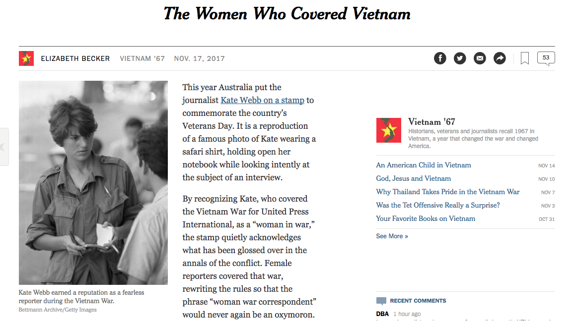 ProfJoyceSull's tweet photo. My dad brought me up to believe "I could do anything" > Inspired to learn of the The Women Who Covered Vietnam in today's @NYTimes TY #ElizabethBecker #KateWebb https://t.co/MKexZtZT1q https://t.co/myrymFLiRg