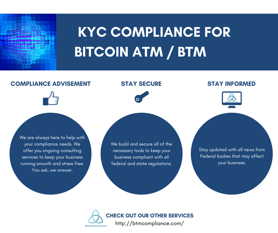 BTM_Compliance's tweet photo. We specialize in Bitcoin BTM operation and custom compliance designed to meet regulator requirements.What can we do for you? #blockchain #bitcoin #btm #bitcoinatm https://t.co/LJRbl9t6nk