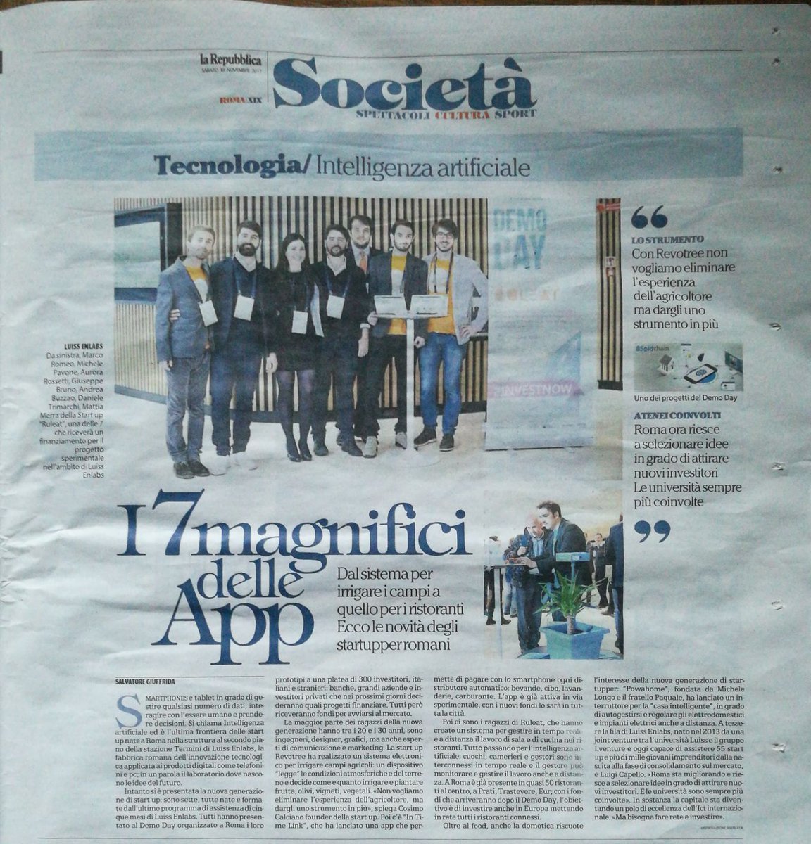 Oggi, <a href="/repubblica/">Repubblica</a> parla di noi e del #DemoDay, svoltosi nel palazzo #OrizzonteEuropa di @BNLPeople! #InvestNow #startup #business #Ristorazione