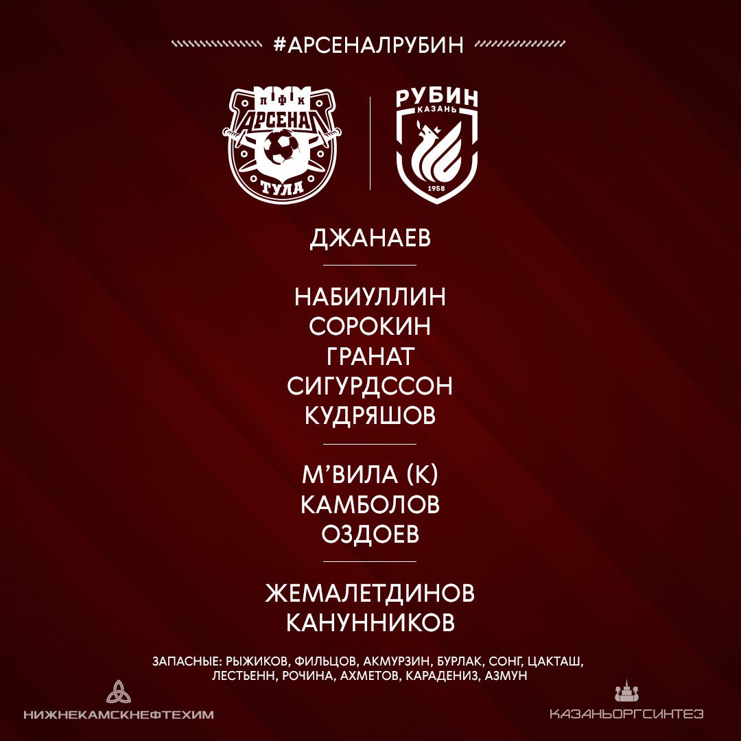 fcrk_esp's tweet photo. Dzhanaev, Nabiullin, Sorokin, Granat, Sigurdsson, Kudryashov, Mvila, Kambolov, Ozdoev, Zhemaletdinov, Kanunnikov
#ArsenalRubin https://t.co/adHLjGGhtK