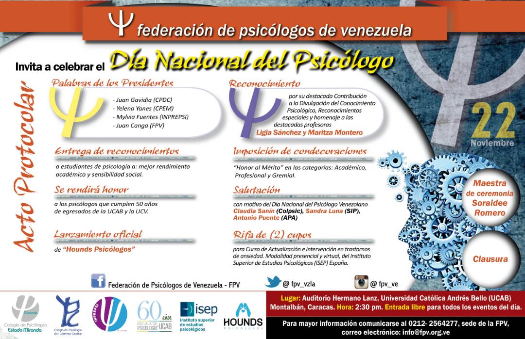 fpv_vzla's tweet photo. La Federación de Psicólogos de Venezuela te invita al acto protocolar del Día Nacional del Psicólogo 2017. https://t.co/BUYQiQtUtp