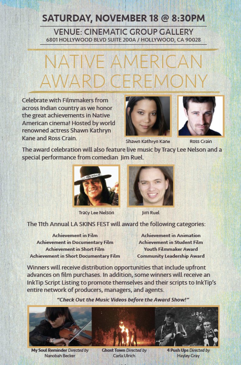 LASKINSFEST's tweet photo. Saturday β November 18, 2017 8:30p at Cinematic Picture Group in Hollywood, CA the NATIVE AMERICAN AWARD CEREMONY. Celebrate with Filmmakers from across Indian country as we honor the great achievements in Native American cinema! #2017LASF #Nativecinema #nativefilmmakers https://t.co/W7ITNhFFpb