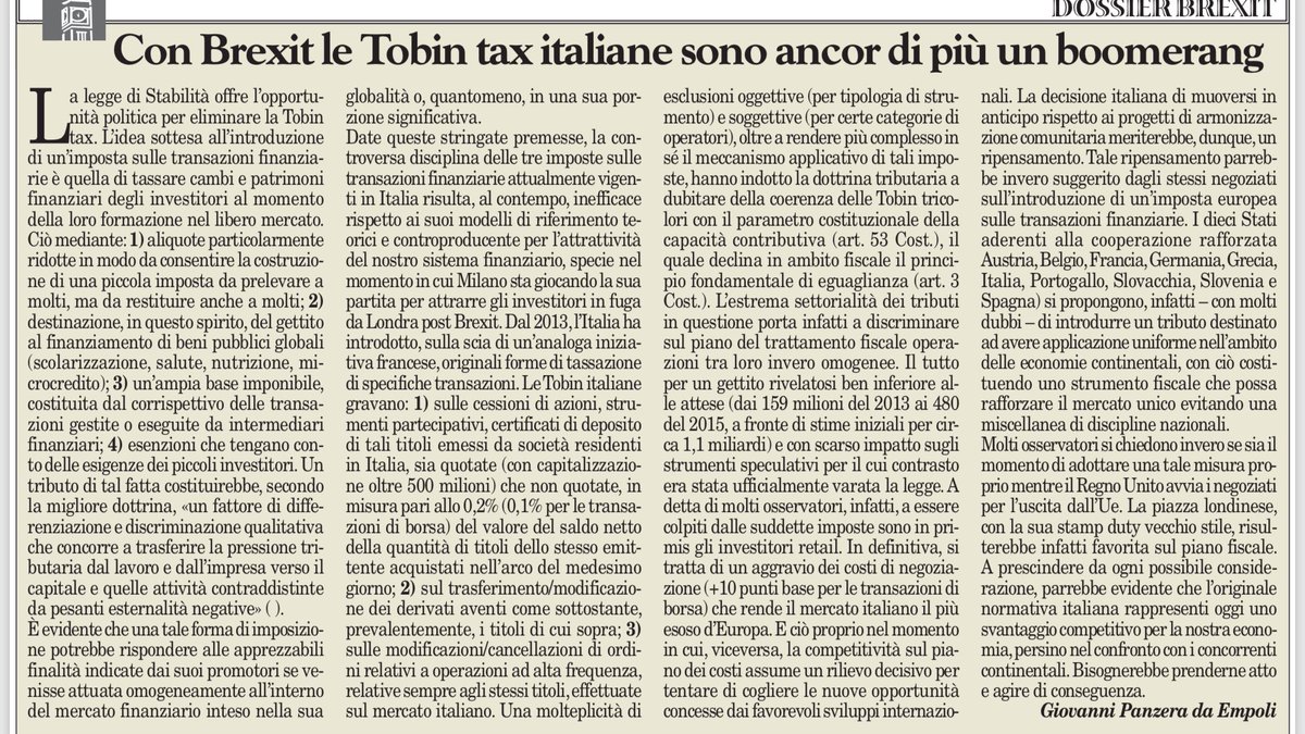 smart_inst's tweet image. Su #MilanoFinanza intervento del nostro Senior Fellow Avv. @gpde78 su #TobinTax all’italiana con la proposta di eliminare uno svantaggio competitivo soprattutto post #Brexit