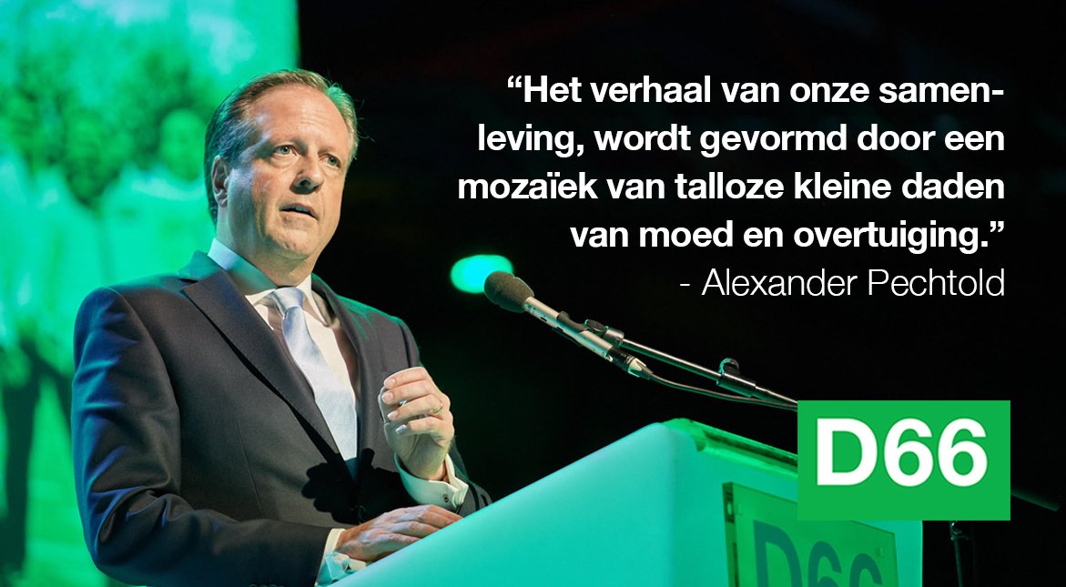 "We steken onze nek uit en tonen politieke moed. Zonder samenwerking, kom je niet ver. Verandering wordt altijd veroorzaakt door wat mensen dóen." <a href="/APechtold/">Alexander Pechtold</a> bij #D66congres
