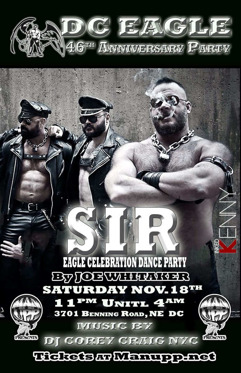 DILF_UPP's tweet photo. TONIGHT...SIR DANCE PARTY CELEBRATING 46 YEARS of the DC EAGLE with DJ COREY CRAIG!

Early Bird Tickets ON SALE NOW at https://t.co/biMl3QhF2r #SIR #SIRbyMANUPP #DILF #DILFX #FuKR #MANUPP #JoeWhitakerPresents  #Scruff #DC #DCEagle #WashingtonDC #JockParty #DJCoreyCraig https://t.co/iPbCNjkwdx