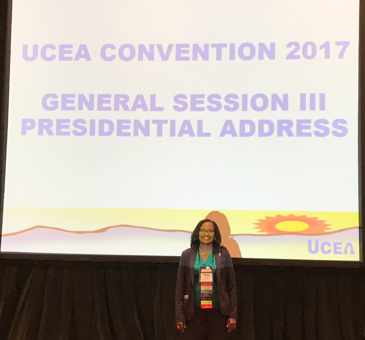 MariRodPhD's tweet photo. #UCEA17 Presidential Address by @Dr_AprilPeters at @UCEA #DenverInNovember https://t.co/rt2hWIoAfS