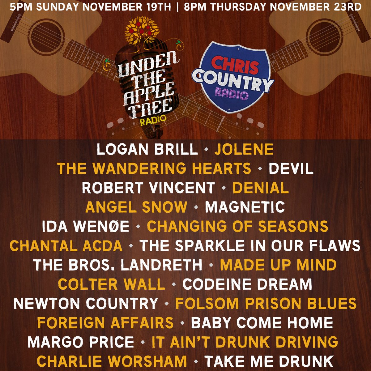 UTATSessions's tweet photo. Here's how #UTATRadio is looking for tomorrow - another hour of sensational live performances on @ChrisCountry from 5pm!
@MissMargoPrice, @thewanderhearts &amp; more! https://t.co/NpVpj2FWQX
