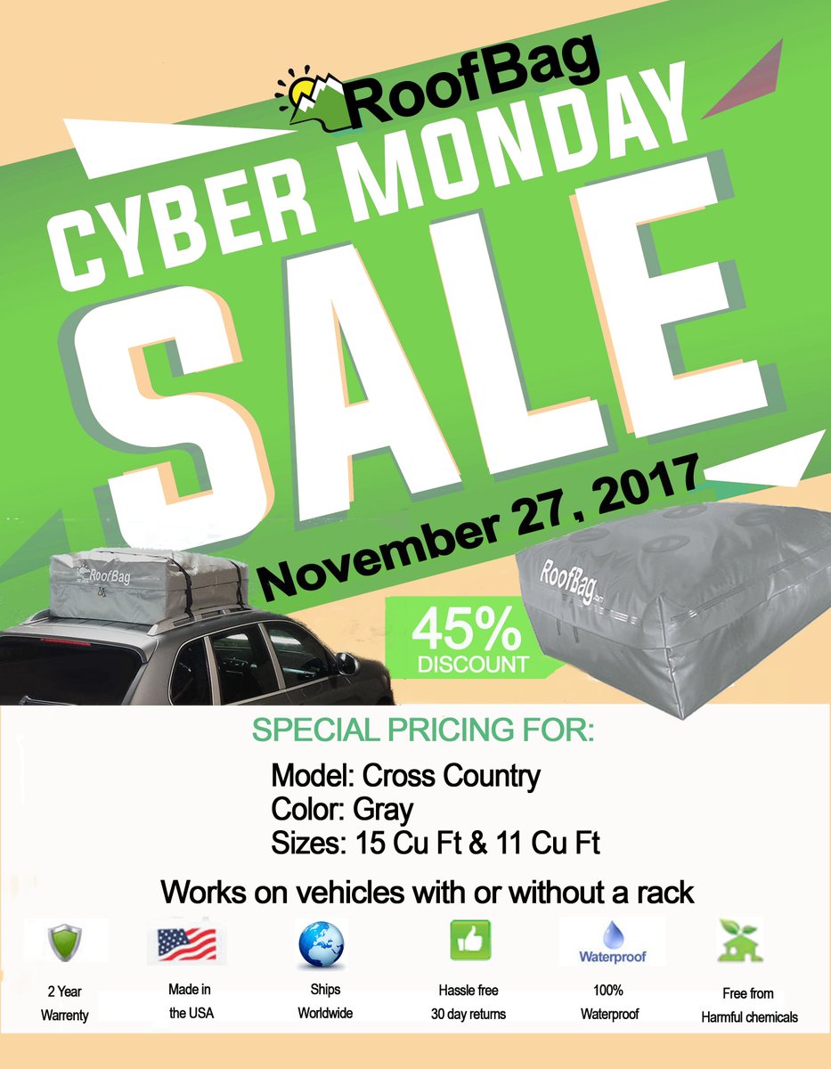 Don't forget to prep for our #cybermondaysale on 11.27.17
#cybermonday2017 #sale #giftidea #travelbuddy #roadtripessential #extracargoroom #roofbag #onlyonmonday #roadtrip #sandiegobuisness #waterproof #worldwide #madeintheusa