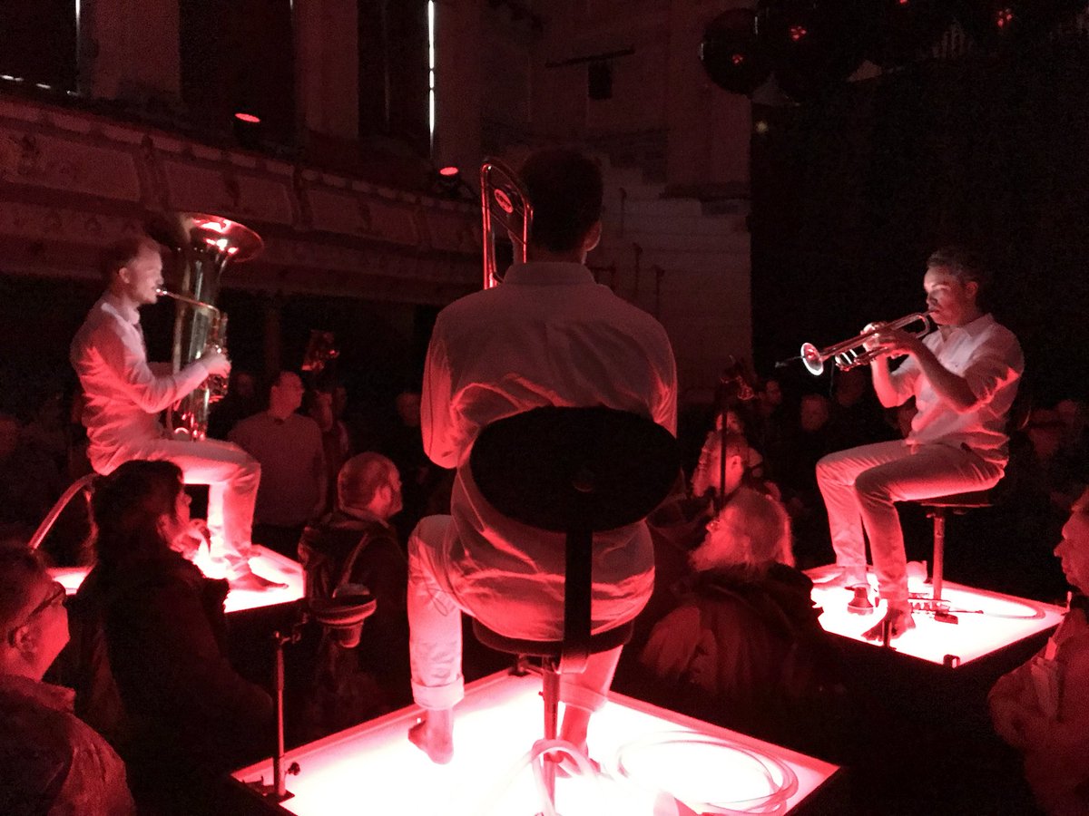 OlyBliss's tweet photo. Freaky afternoon with #otheroom @HCMFUK being chased around a room in #Huddersfield #townhall by a brass band on moving pedestals and a giant ominous curtain with inflated black orbs. A fully interactive bonkers and fun experience๐ https://t.co/MxialS1GQj
