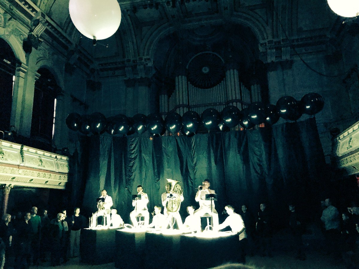 OlyBliss's tweet photo. Freaky afternoon with #otheroom @HCMFUK being chased around a room in #Huddersfield #townhall by a brass band on moving pedestals and a giant ominous curtain with inflated black orbs. A fully interactive bonkers and fun experience๐ https://t.co/MxialS1GQj