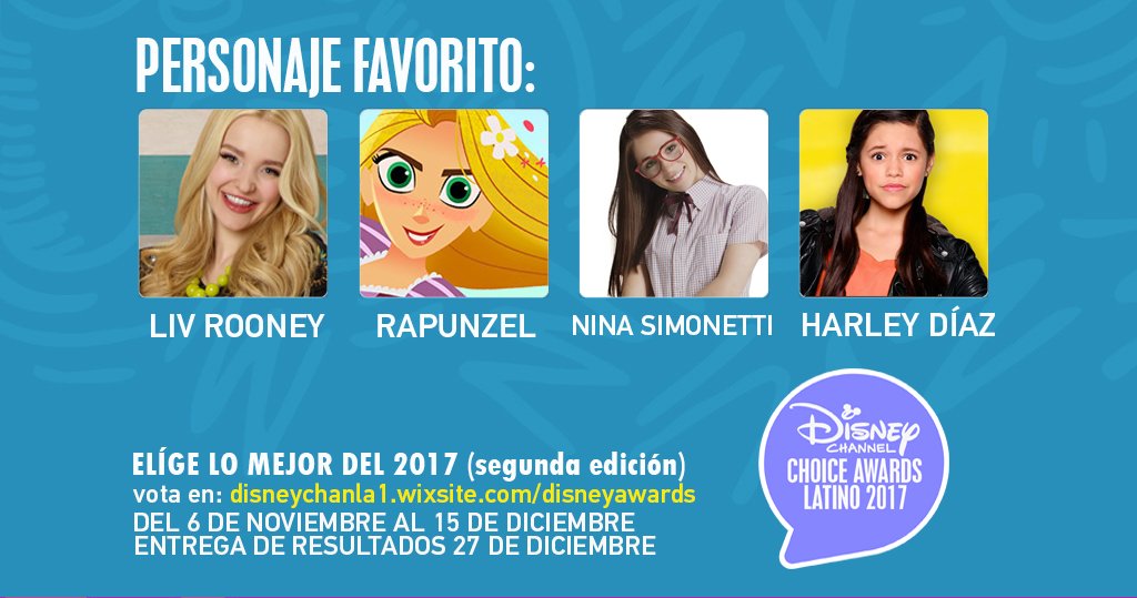 mydisneylatino's tweet photo. Vota por tu #PersonajeFavorito ingresando en https://t.co/ajwAvADUqi 🏆😍También puedes votar en twitter usando el hashtag #DCA2017 + Tu Favorito. #Liv #Rapunzel #Nina #Harley ¡Elegir lo mejor del año está en tus manos! https://t.co/aJ0o5hN80i