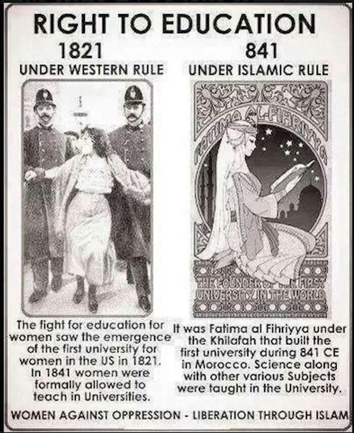 ZaferQQQ's tweet photo. İlk İslam kız üniversitesi 841’de açıldı. Amerikan kız üniversitesinin açılış tarihi ise 1821. Müslümanları bin yıl geriden takip eden uygarlığa bugün ‘Çağdaş Dünya’ diyorlar. https://t.co/JHhhHSMPgr