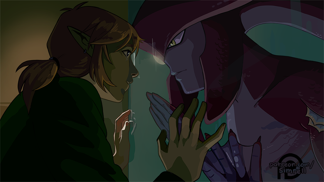katiesimrell's tweet photo. it was mentioned by a friend that the shape of water would make a great AU for sidlink and i couldn’t agree more ! so i took some screenshots of the trailer and redrew them with the same color palette but featuring link and sidon #sidlink #botw https://t.co/LeIPINwEuP
