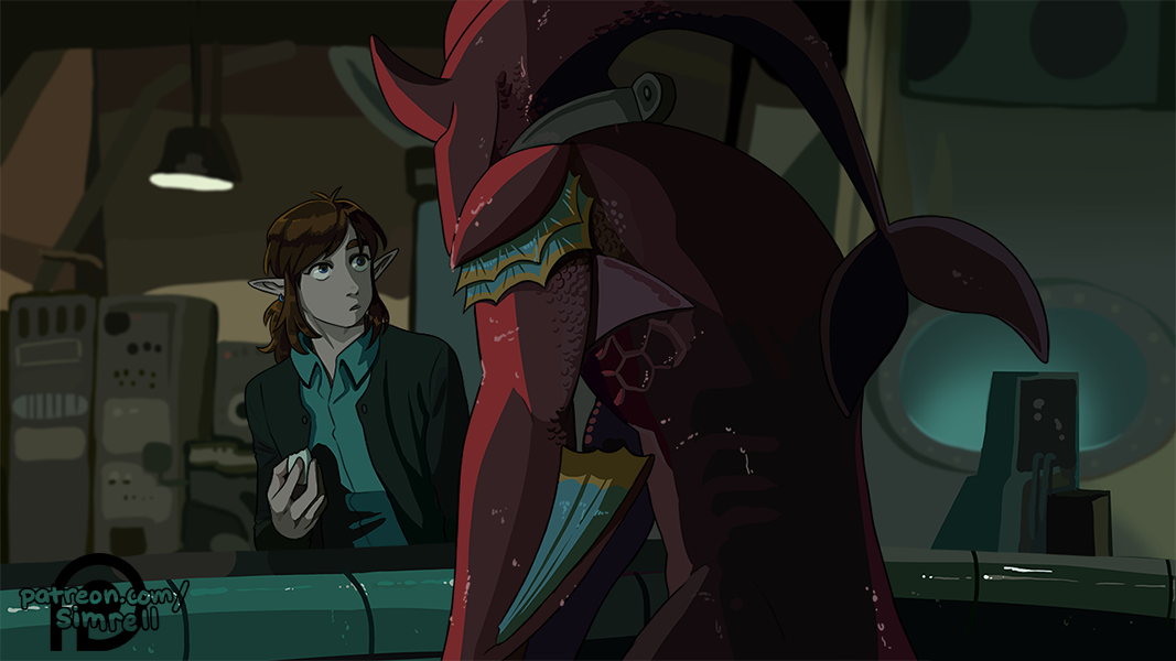 katiesimrell's tweet photo. it was mentioned by a friend that the shape of water would make a great AU for sidlink and i couldn’t agree more ! so i took some screenshots of the trailer and redrew them with the same color palette but featuring link and sidon #sidlink #botw https://t.co/LeIPINwEuP