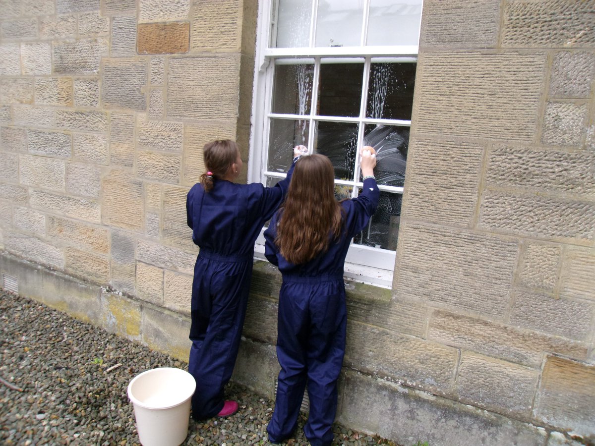 Crichton Brownies staying at Vogrie Brownie House this weekend, then the house closes for the winter. This is them cleaning the windows at a previous visit.