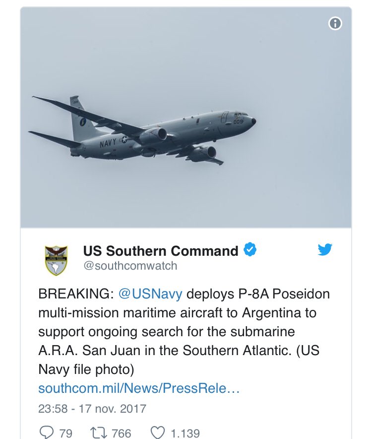 P-8A Poseidon #P8APoseidon el mas moderno de la @USNavy en misiones de búsqueda parte rumbo #Argentina en busca de #ARASanJuan ¡Suerte!