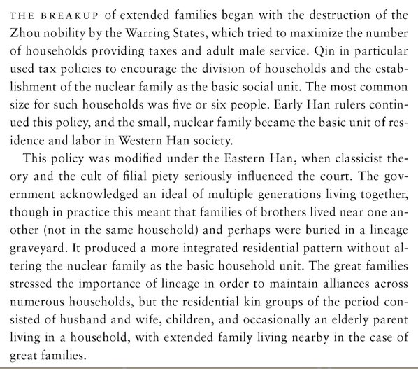 ca. 500 years max of (residential?) nuclear families in warring states/qin/early han china (ca. b.c. 475 to a.d. 25).  https://books.google.com/books?id=EHKxM31e408C but then they went back to (residential) extended families: