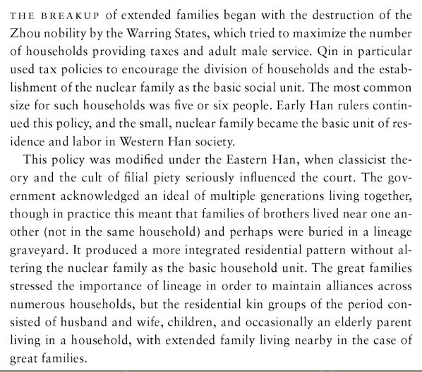 ca. 500 years max of (residential?) nuclear families in warring states/qin/early han china (ca. b.c. 475 to a.d. 25).  https://books.google.com/books?id=EHKxM31e408C but then they went back to (residential) extended families: