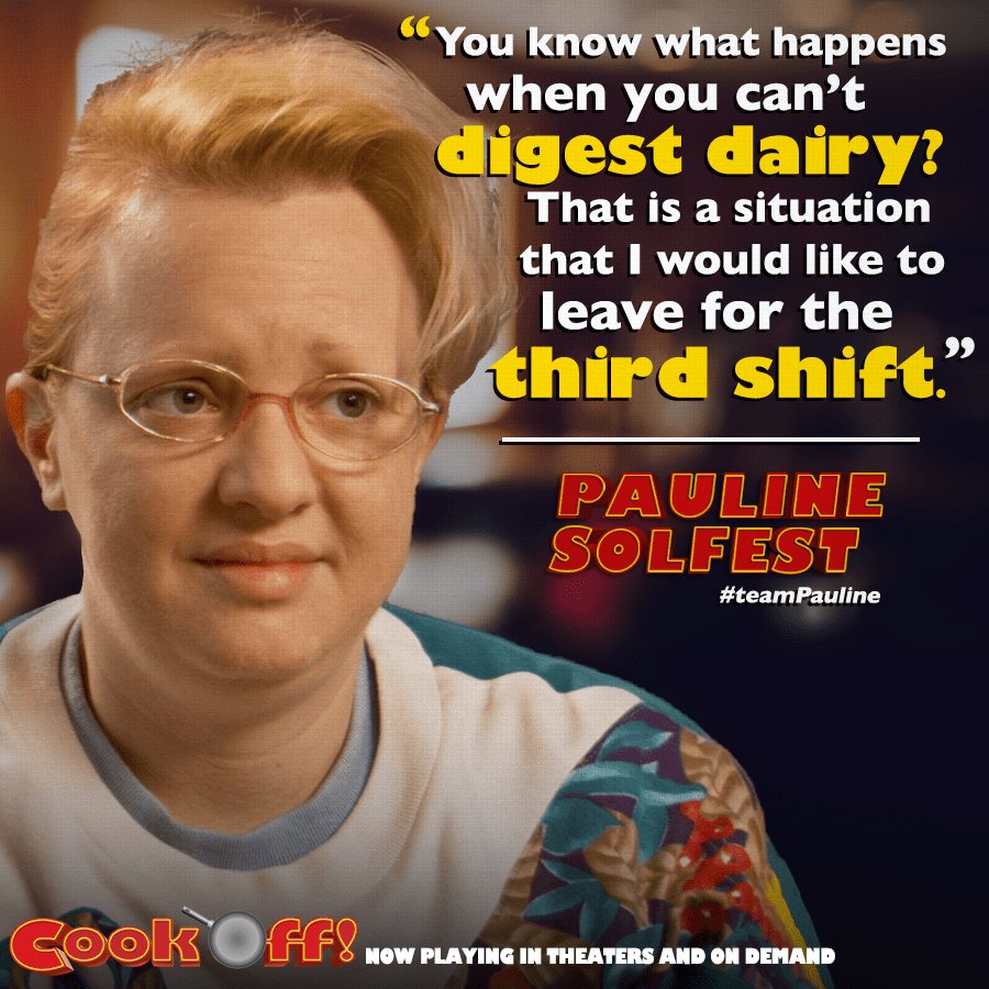 CookOffthemovie's tweet photo. Pauline is passionate about making the world a better place for the lactose intolerant.

Support #teamPauline (@wendimclendonco) and watch #CookOff now in theaters and on demand! Tickets: https://t.co/JbfV5stT71 https://t.co/ugfZ9EjpSu