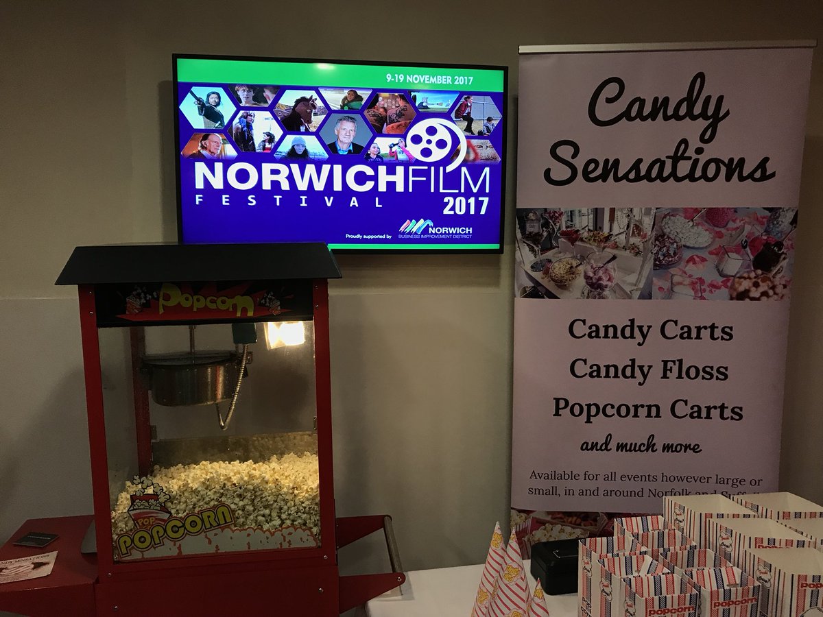 CandySensation5's tweet photo. Snap, Crackle &amp; Pop!! We are ready for tonight’s short films. Come and see us for some fabulous popcorn #norwichfilmfestival https://t.co/4cFzNg5eNU