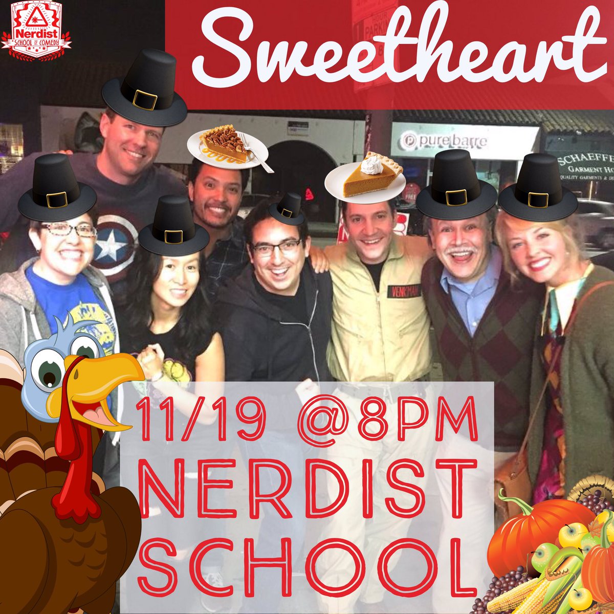 SweetheartImpro's tweet photo. What are you thankful for? Well, Sweetheart is thankful for you! Let us show you in person tomorrow night, at 8pm at the @NerdistSchool! https://t.co/U5fQOzLdPf