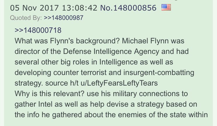 Michael Flynn is also part of the  #FollowTheWhiteRabbit theory, but instead of being a suspicious link between the Trump campaign/administration and Russia, he was apparently using his connections to investigate the "enemies of the state within".