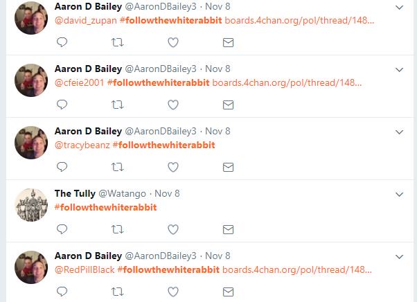 43 minutes after the first  #FollowTheWhiteRabbit tweet, user AaronDBailey3 tweeted the hashtag and related 4chan links at 32 users with high follower counts.