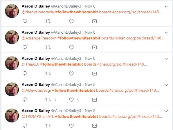 43 minutes after the first  #FollowTheWhiteRabbit tweet, user AaronDBailey3 tweeted the hashtag and related 4chan links at 32 users with high follower counts.
