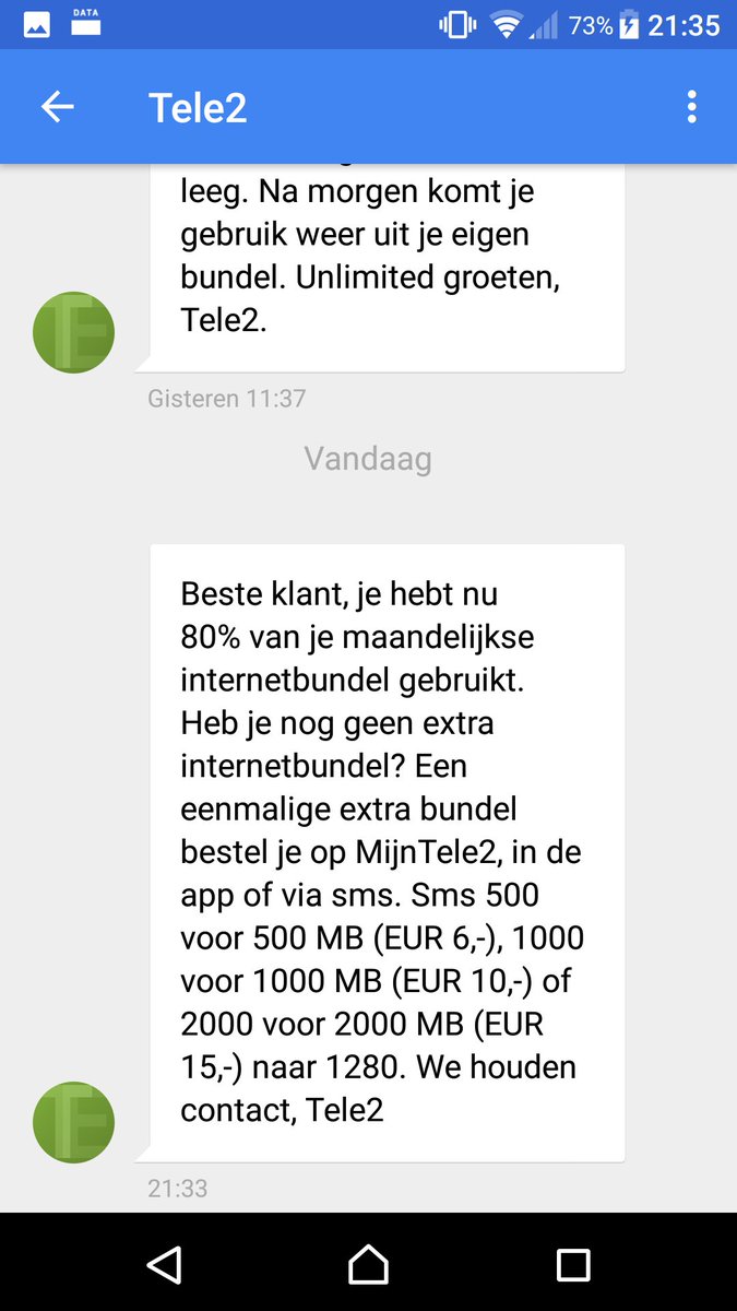 gijsthee's tweet photo. @Tele2Nederland Hoi! Ik zou een maand lang onbeperkt gebruik mogen maken van jullie 4G-netwerk. Ik kreeg gisteren een sms dat vandaag de laatste dag is, maar vandaag krijg ik een sms dat ik 80% van mijn bundel heb verbruikt. Dit klopt toch niet?! https://t.co/CmfN19sax1