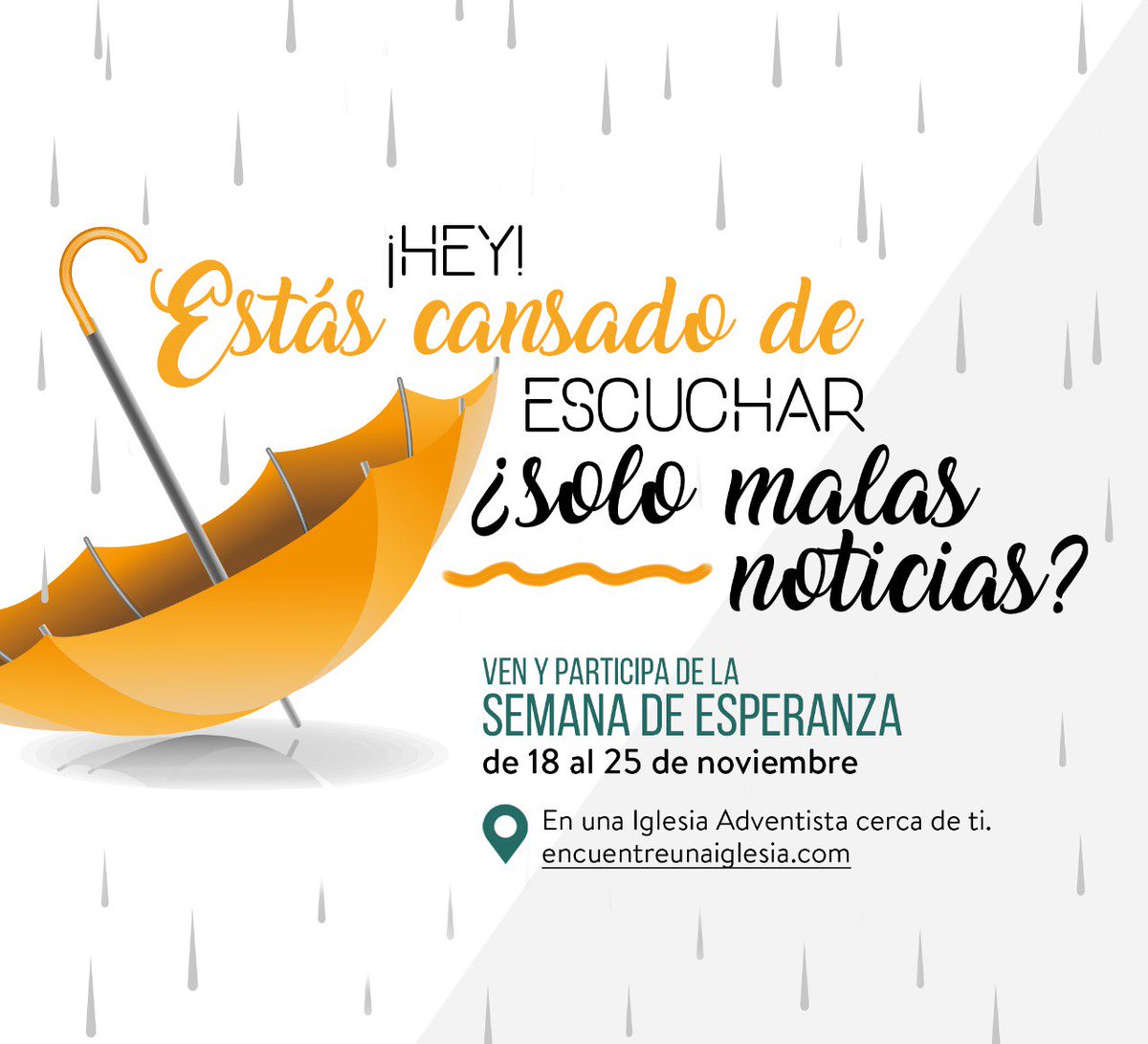 Participa de una semana especial que va a impactar tu vida.
Del 18 al 25 de Noviembre #ElPoderdelaEsperanza  
Asiste a una iglesia Adventista.
encuentreunaiglesia.com <a href="/EnzoChavez/">Enzo Chávez</a> <a href="/PrCarranza/">Pr. Alberto Carranza</a> <a href="/Pr_midhuart/">Midhuart Montesinos </a>