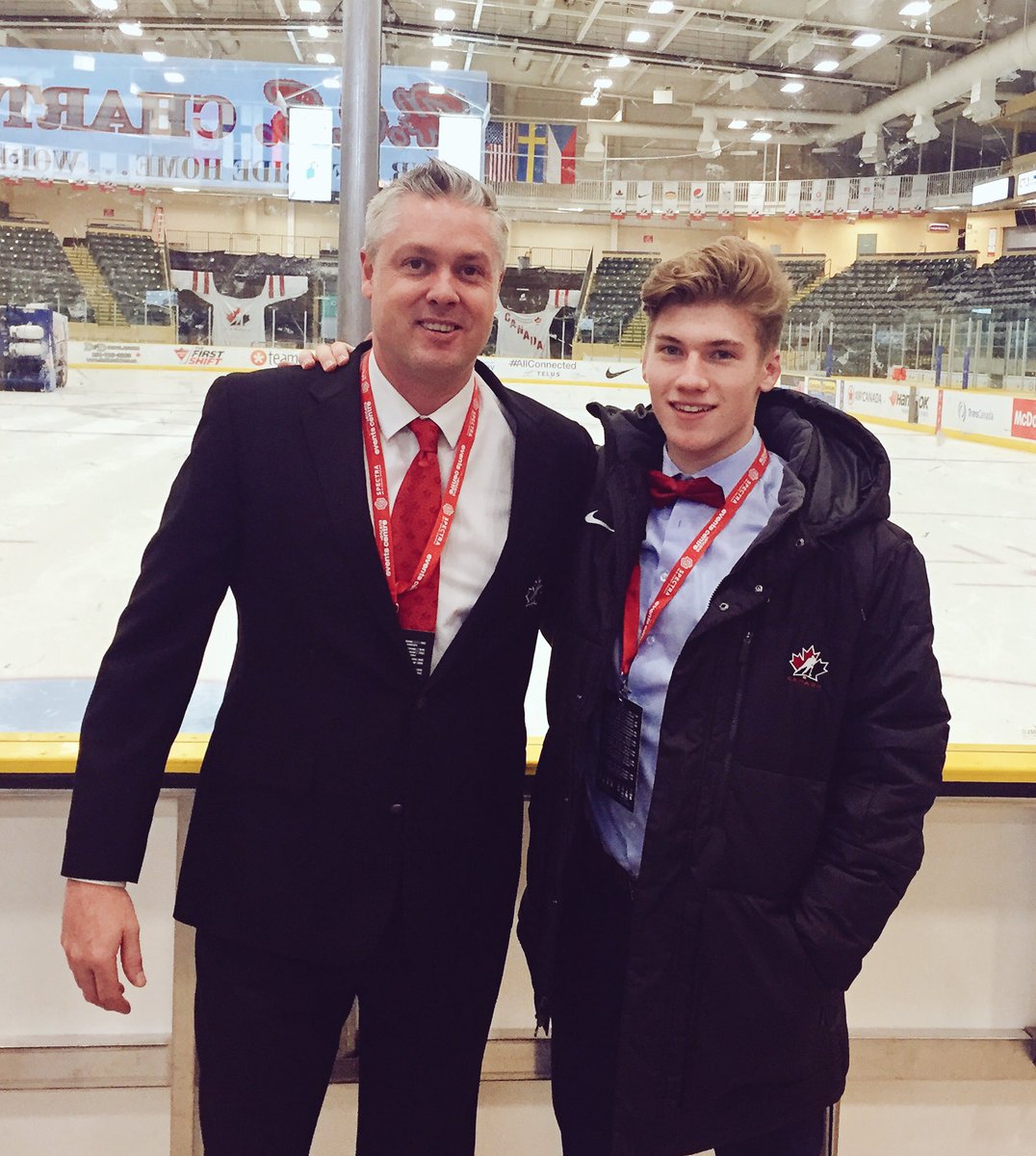 ZacBierk's tweet photo. Rink side with @Cavallin37 after #CANRed wins the silver medal in Dawson's Creek at #WorldU17 https://t.co/irPUrlrbWW