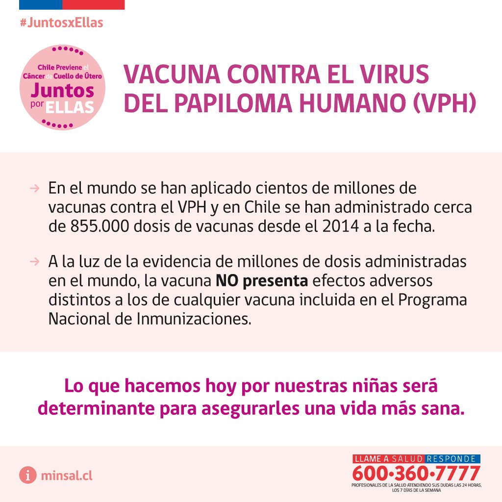 ministeriosalud's tweet image. La vacuna escolar contra el VPH es segura y gratuita. Visita web.minsal.cl/vacunacion-con… o llama a Salud Responde 6003607777 #JuntosxEllas