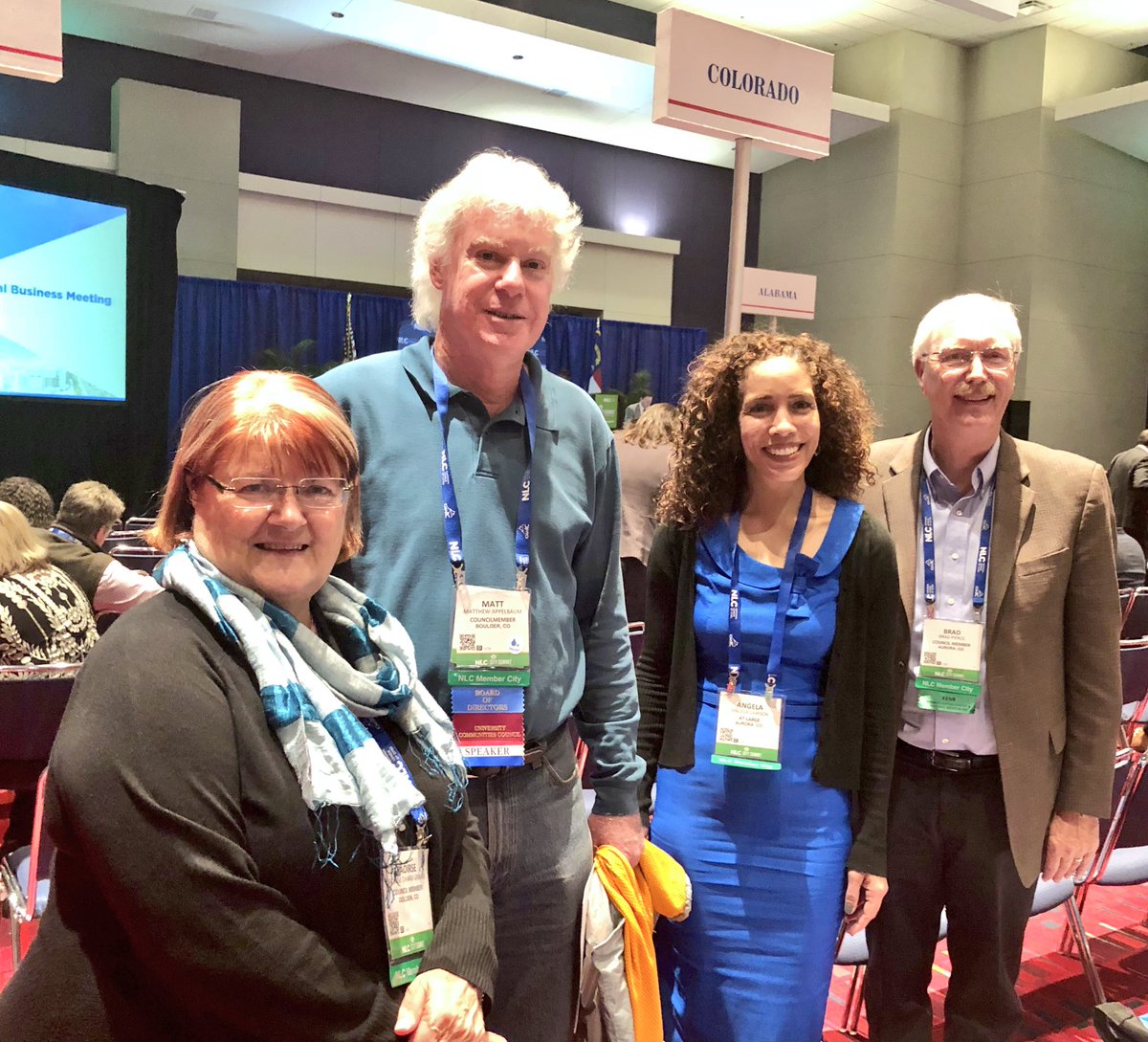 k_bomb's tweet photo. Council Members Saoirse Charis-Graves (Golden), Matt Appelbaum (Boulder), Angela Lawson and Brad Pierce (Aurora) at the @leagueofcities Annual Business Meeting representing Colorado. Many thanks from @CO_Municipal !! #NLC2017 ##CitySummit17 https://t.co/H3NwxZnQMR