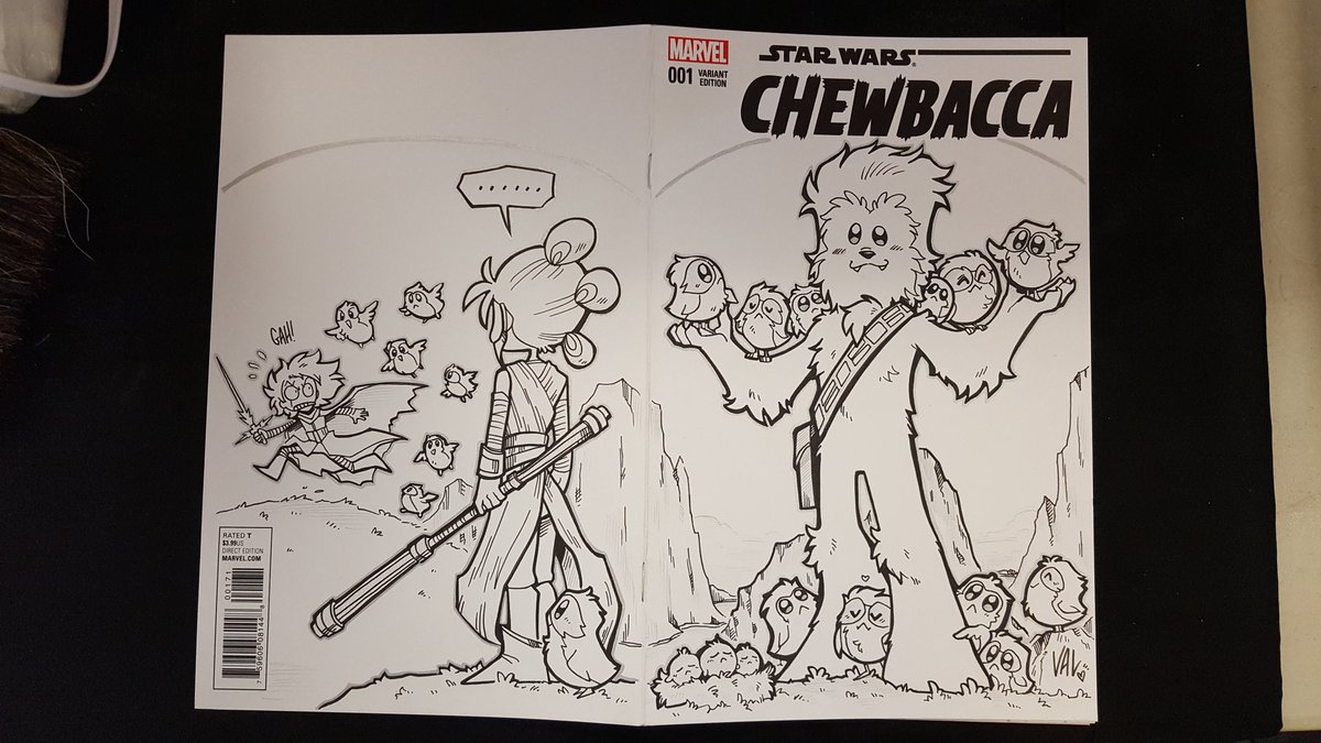 kickgirl's tweet image. Spent this afternoon at Samurai Comics in Phoenix and I drew this Chewbacca cover! Cute Star Wars things! #Chewie and the #Porgs with bonus #Rey and #Kylo &amp;lt;3