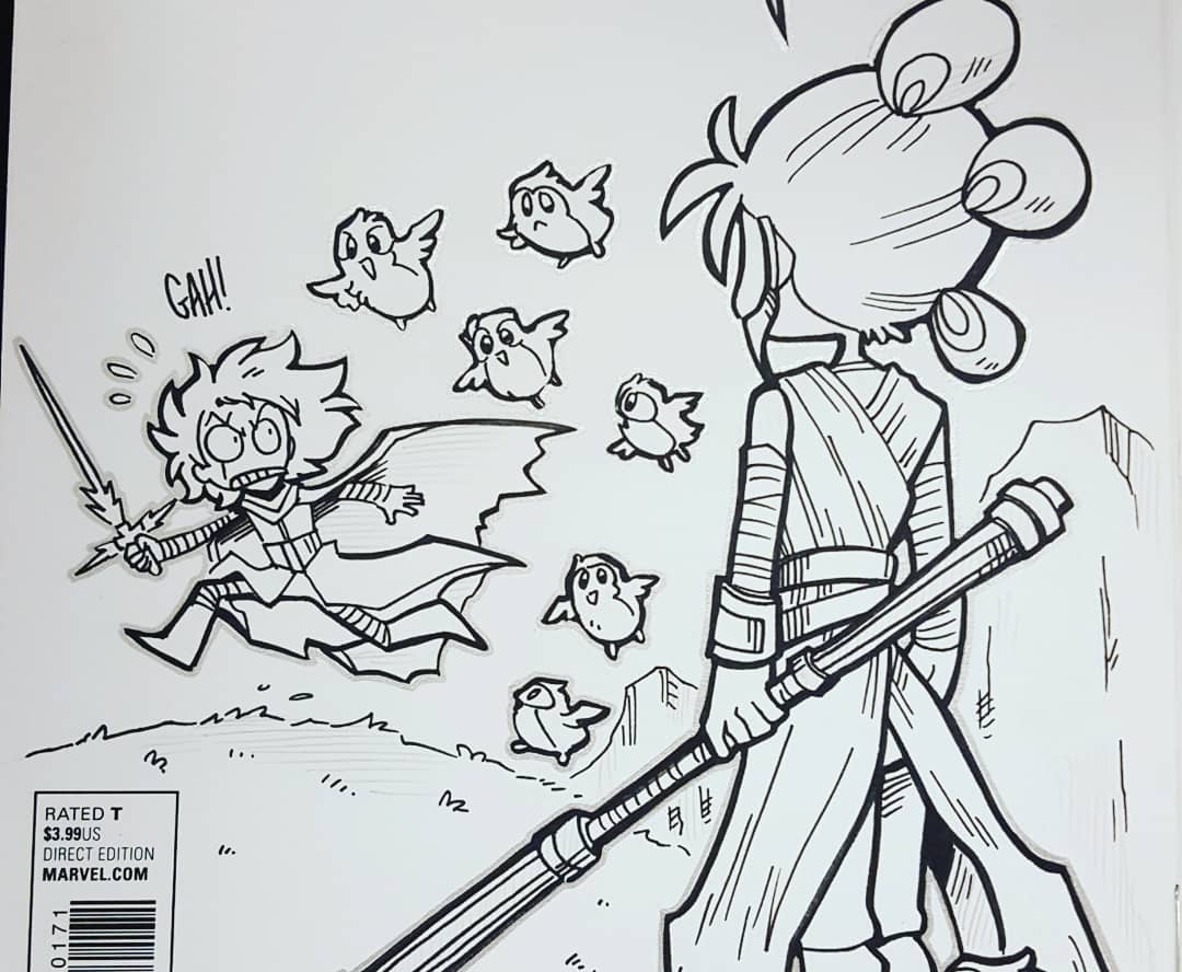 kickgirl's tweet image. Spent this afternoon at Samurai Comics in Phoenix and I drew this Chewbacca cover! Cute Star Wars things! #Chewie and the #Porgs with bonus #Rey and #Kylo &amp;lt;3