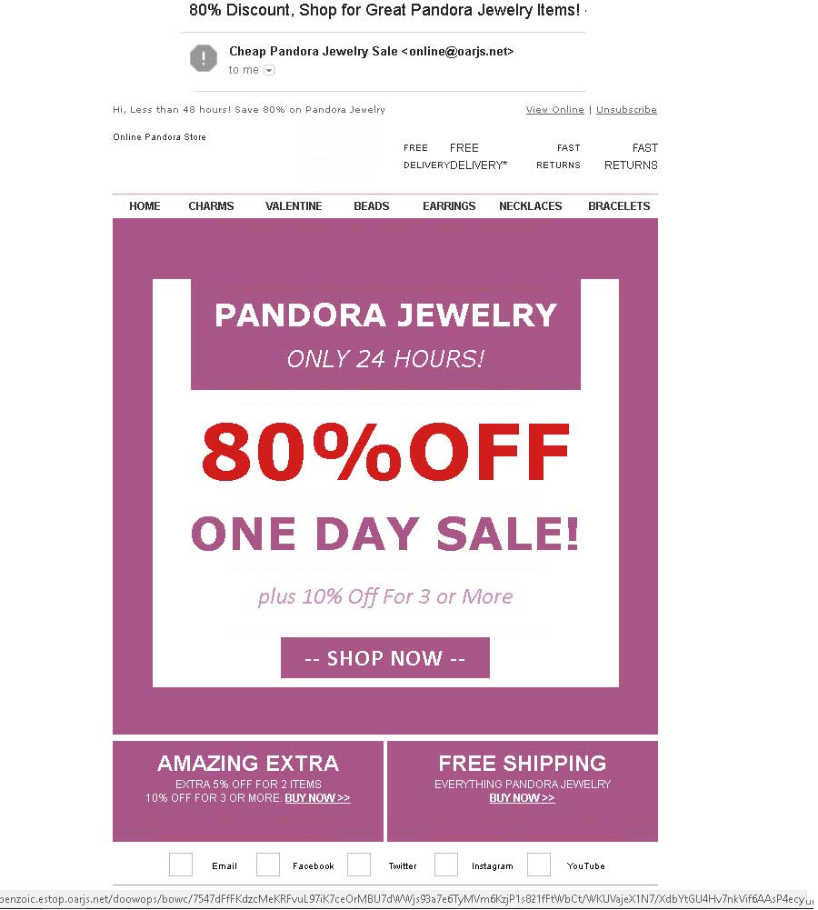 cysecstar's tweet photo. #BlackFriday #PhishingScam @PANDORA_NA All the signs of a phishing email: urgency in subject line, too-good-to-be-true offer, sketchy link. Did @Google search for sending domain and nothing indexed. Don't click on this one. https://t.co/EWR8Pm16Wt