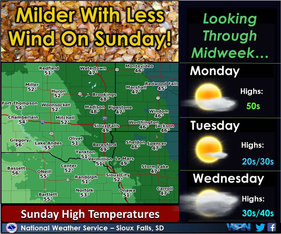 NWS Sioux Falls on Twitter "Milder temperatures on Sunday with less