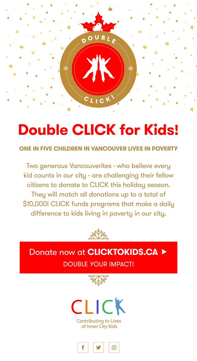 CLICK4kids's tweet photo. Join the #DoubleCLICKChallenge! This holiday, you can double your donation to kids living in poverty in #Vancouver. Watch here: https://t.co/a0sGOLONtR https://t.co/9UpHkdWIzk