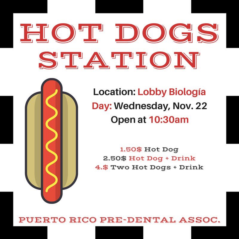 prpdaRUM's tweet photo. HOT & JUICY!🌭😋
#HotDogsStation
Miércoles 22
Lobby de Biología
10:30am
#PRPDA #UPRM https://t.co/PgoRvYX0vF