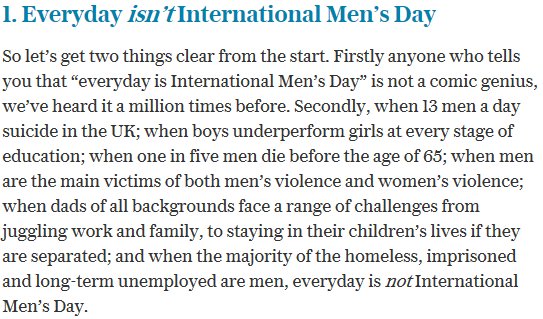 OIrishMP's tweet photo. Everyday isn’t International Men’s Day
From:
"10 reasons we should be celebrating International Men's Day"
https://t.co/JpUA3QTsQD
#internationalmensday #MensRights #MensIssues #MRA #MRHM #MHRA #MRM #Equality #FathersRights #DadsRights https://t.co/IqroIymipm