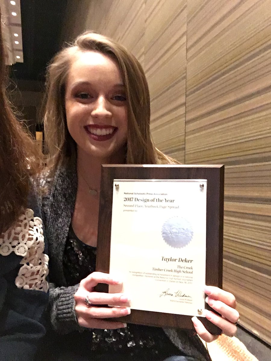TheCreekYB's tweet photo. CONGRATULATIONS @taylordeke On winning 2nd place in the NATION for her yearbook spread. WE ARE SO PROUD OF YOU! https://t.co/QG9cbsBcto