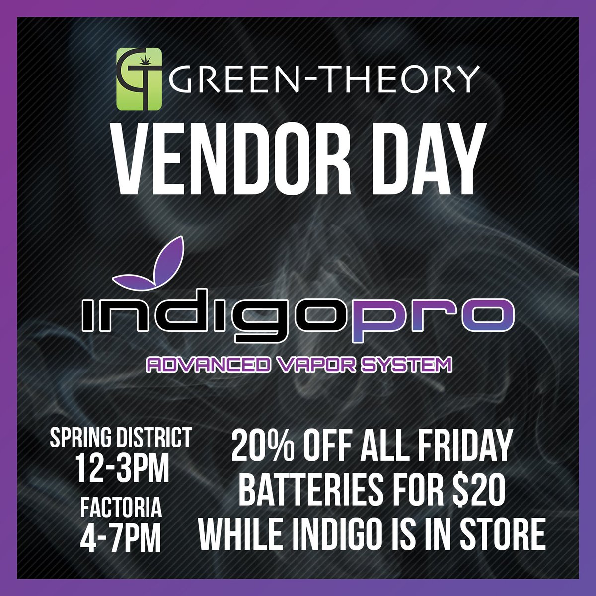 green_theory502's tweet photo. Come by either of our locations this Black Friday and hang out with @pureindigopro We'll their their amazing new Vape Batteries on Sale for $20 when they are in store!
#HarmonyFarms #IndigoPro #Vape #Cartridge #Concentrate #Marijuana #Cannabis #Bellevue #GreenTheory #BlackFriday https://t.co/8tDxtgyPYu