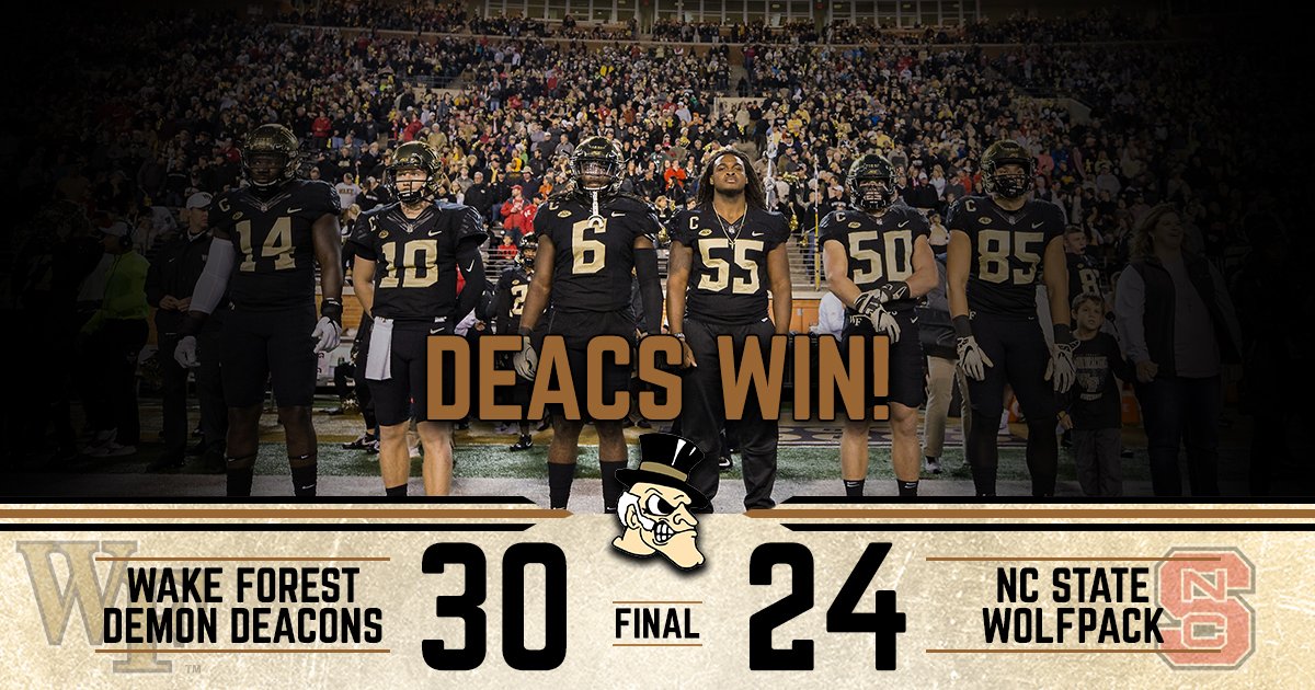 WakeFB's tweet photo. DEACS WIN! DEACS WIN! Wake Forest defeats NC State, 30-24, on Senior Day! Essang Bassey with the clinching interception with one second left! #GoDeacs #KeepBuilding https://t.co/bbYyoMx7Fr