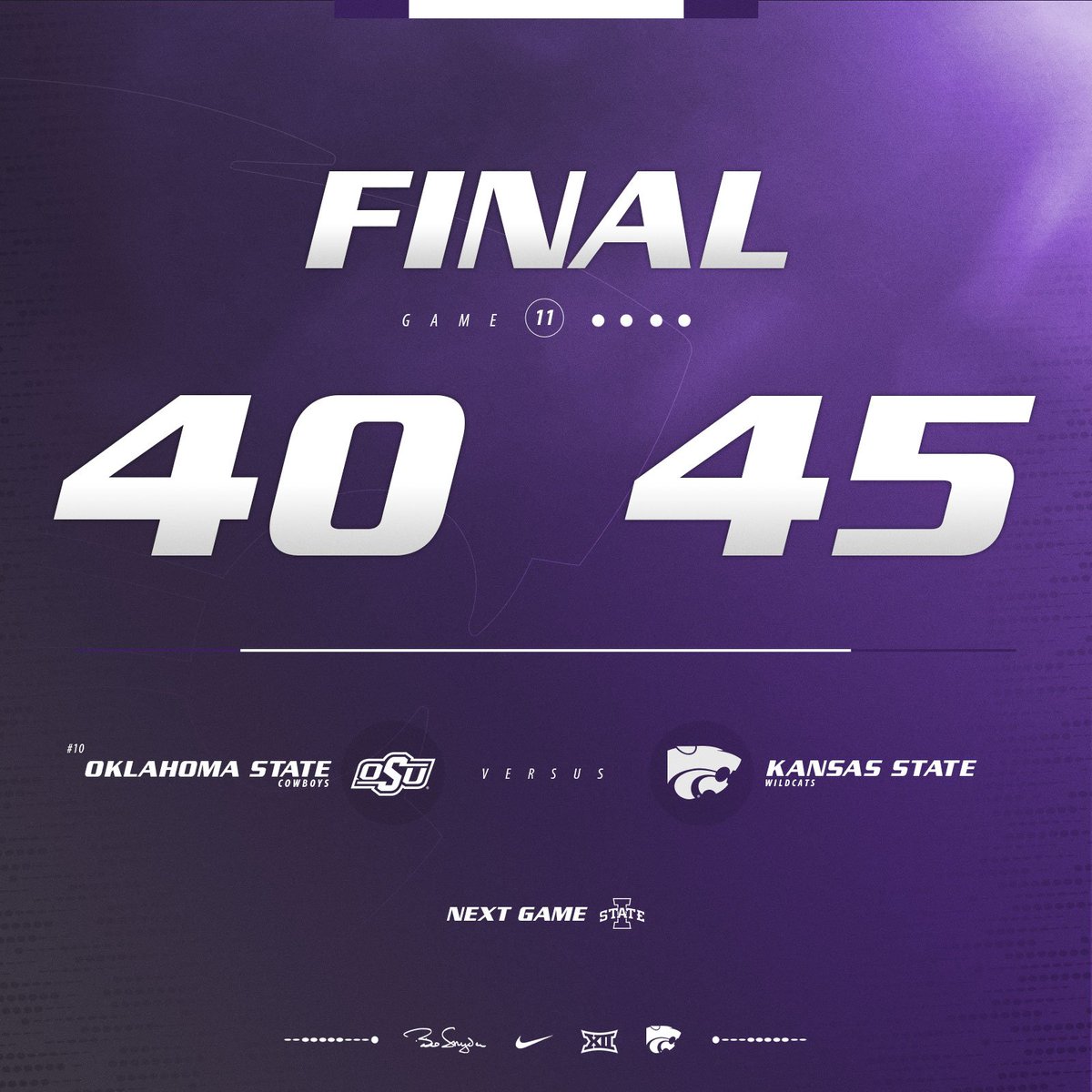 KStateFB's tweet photo. Final Score: K-State 45, (10)Oklahoma State 40. #KStateFB https://t.co/406vkxCuR2