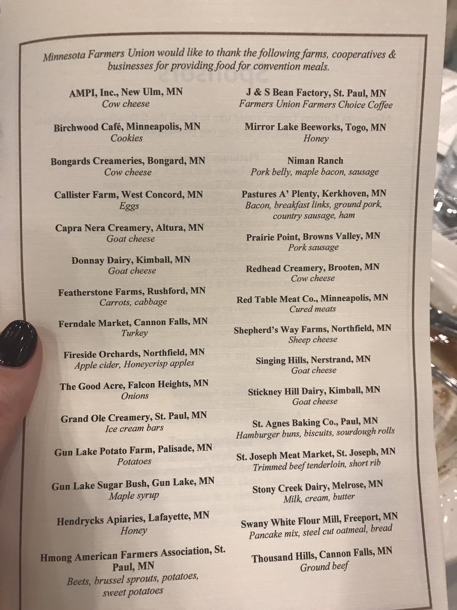 whitneyplace's tweet photo. Look at the killer list of MN farmers who provided food for #MFU2017. Thank you for your products this weekend and every day! https://t.co/oHEj8dQp9F
