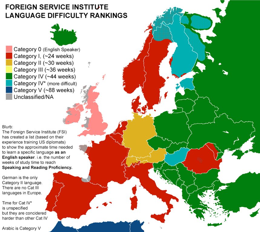 simongerman600's tweet image. #MAP6  shows #language difficulty for English speakers in #Europe according to FSI. German pretty hard but walk in the park compared to Russian and Finnish. Source: buff.ly/2isCn3i