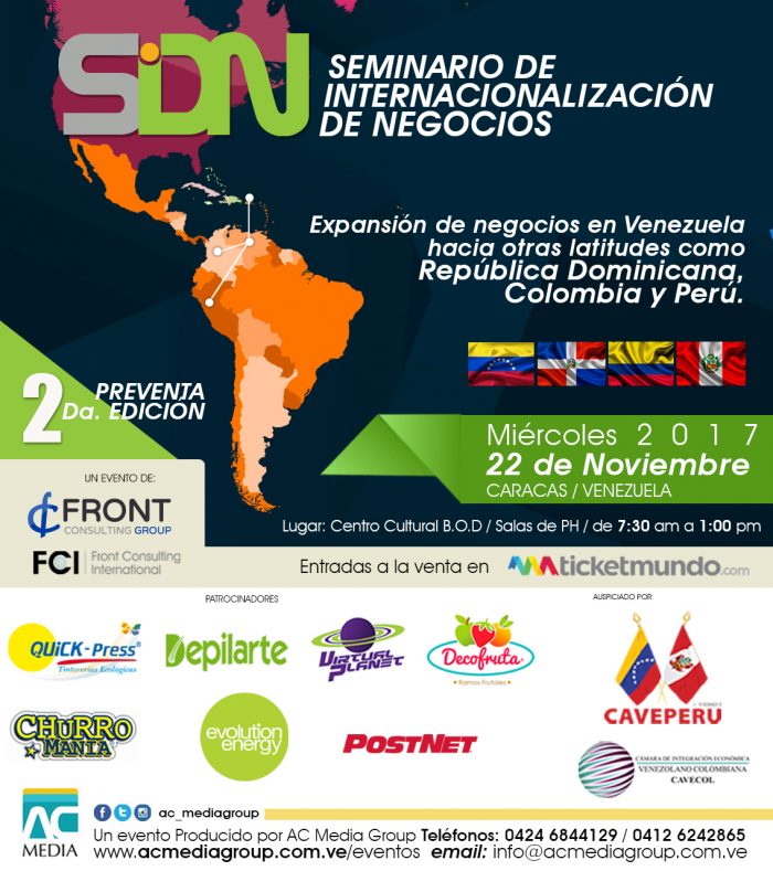 #22NOV II Seminario de Internacionalización de Negocios hacia República Dominicana, Colombia y Perú | Organizado por <a href="/frontconsulting/">Front Consulting</a> on el auspicio de <a href="/CAVEPERU_CAMARA/">CAVEPERU</a> y <a href="/CAVECOL/">CAVECOL</a> | frontconsulting.com/ii-seminario-i… Entradas en <a href="/Ticketmundo_ve/">TICKETMUNDO™</a> venezuela.ticketmundo.com/Evento/Seminar…