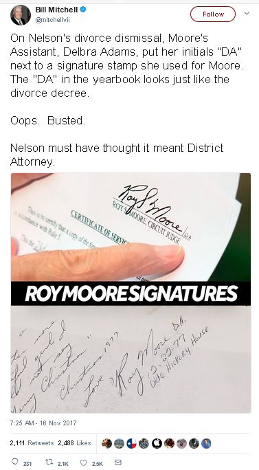 divorce dismissal, Moore's Assistant, Delbra Adams, put her initials DA