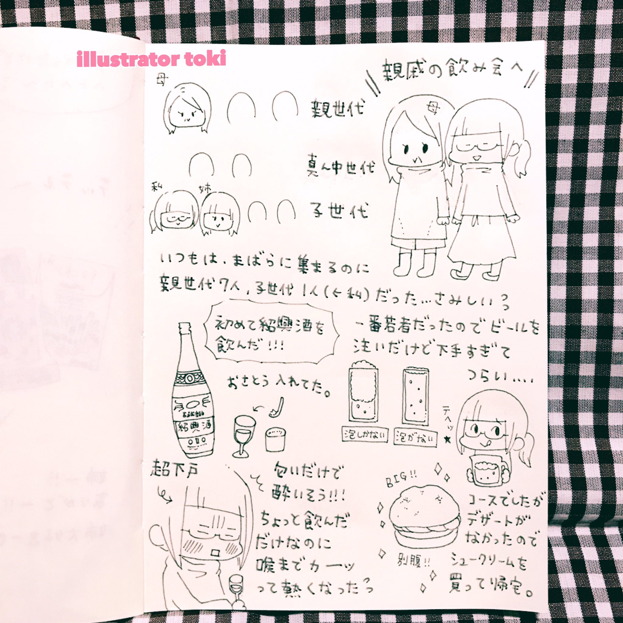 イラストレーターとき No Twitter 下戸 飲み会へ行く の巻 実話 コミックエッセイ 絵日記 絵 イラスト エッセイ 漫画 イラストエッセイ お絵描き イラストルポ エッセイ漫画 手書きツイート あるある イラスト日記 日記 描いてみた 紹興酒 親戚