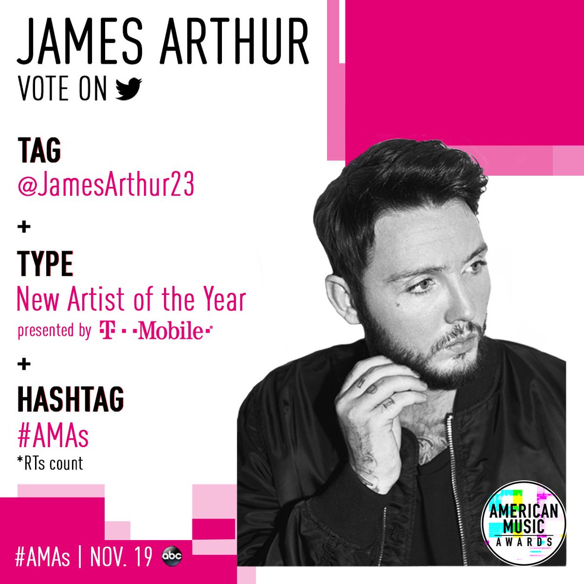 AMAs's tweet image. RT to vote for @JamesArthur23 for New Artist of the Year presented by @TMobile at the #AMAs TONIGHT ⬇️ !